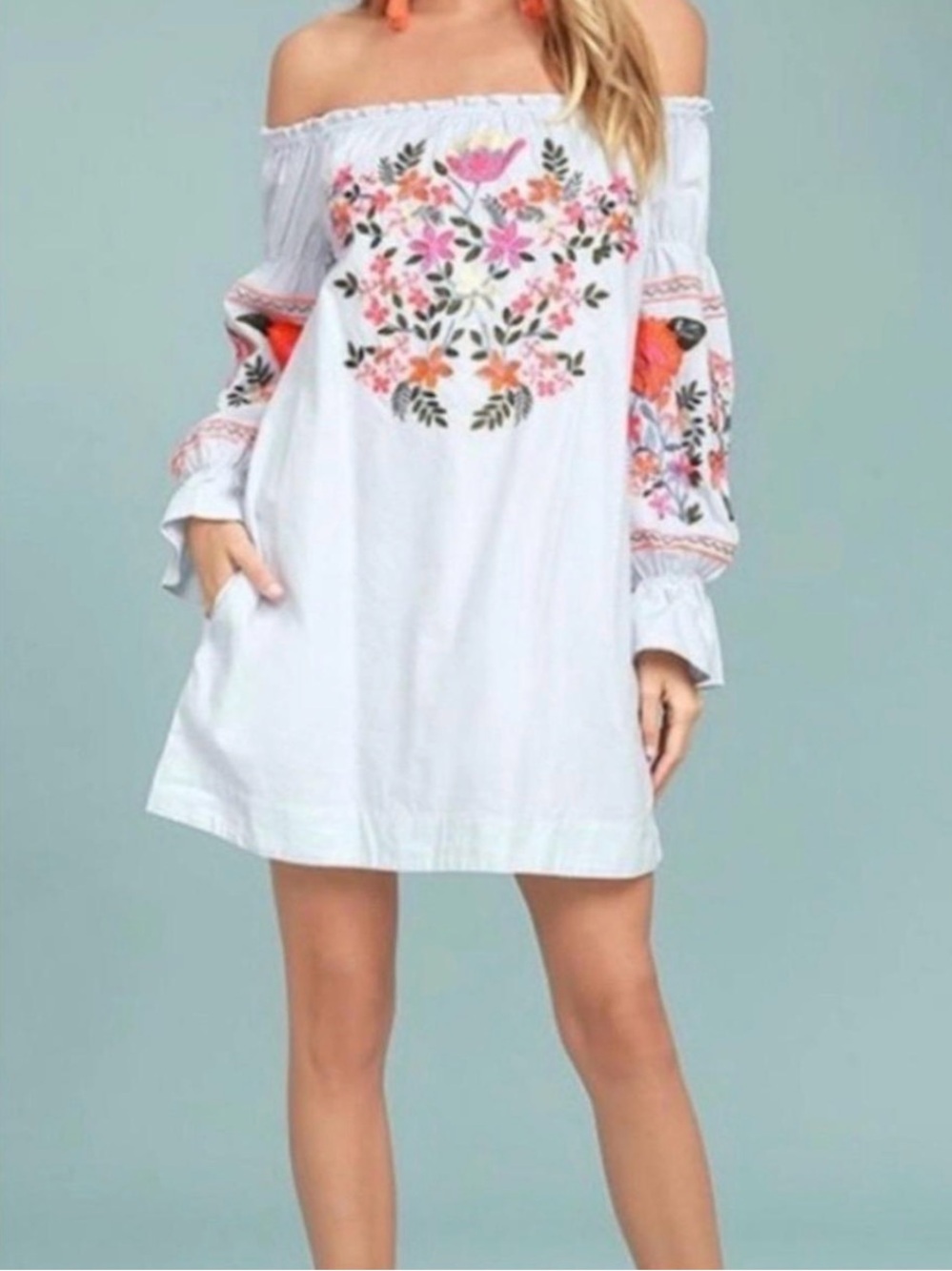 Free People Flour Du Jour Embroidered Mini Dress XS Lt Blue